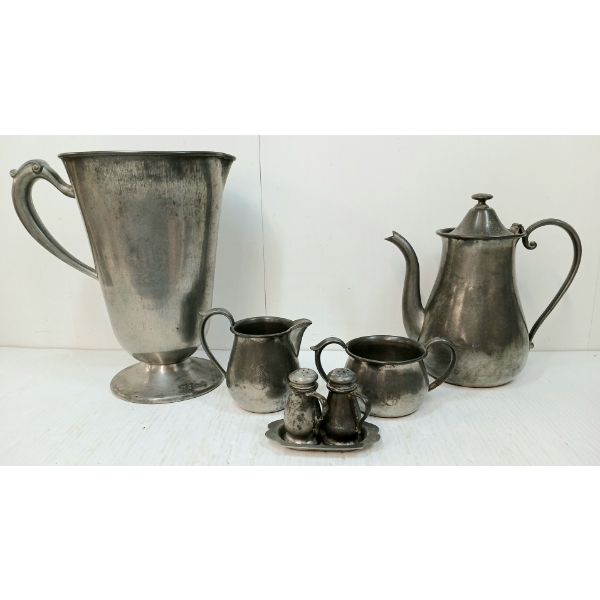 LOT OF 7 - PEWTER TEA KETTLE, CREAMER, SUGAR, SALT & PEPPER SET W/ TRAY & WATER PITCHER