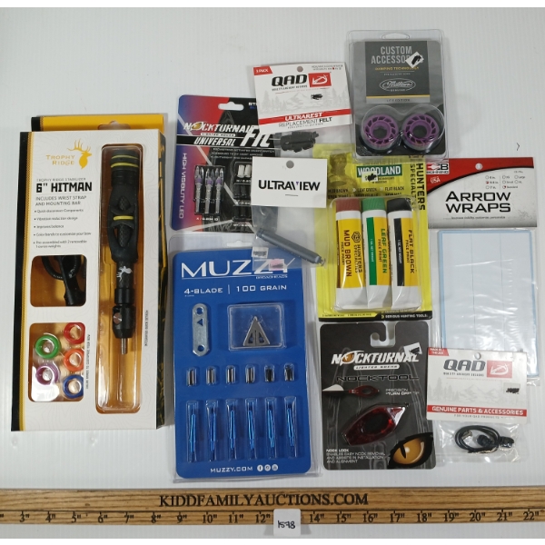LOT OF 10 - TROPHY RIDGE 6IN HITMAN STABILIZER, MUZZY BROADHEADS, LIGHTED NOCKS, ETC