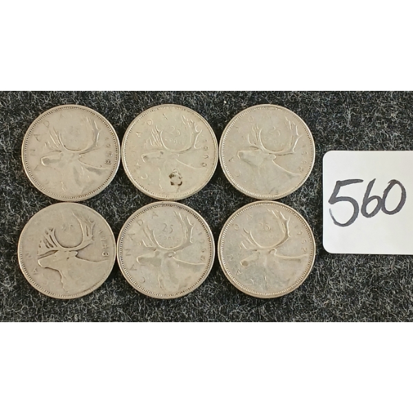 LOT OF 6 - 1943-1968 CDN 25 CENT COINS