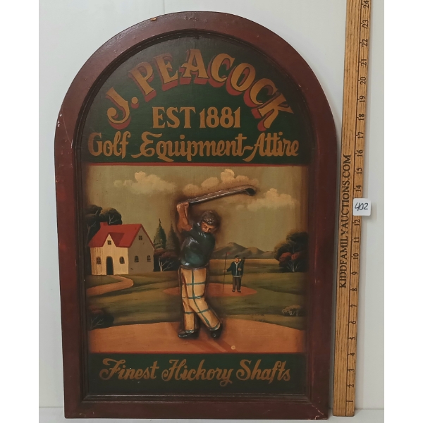 J. PEACOCK GOLF EQUIPMENT ATTIRE WOOD SIGN
