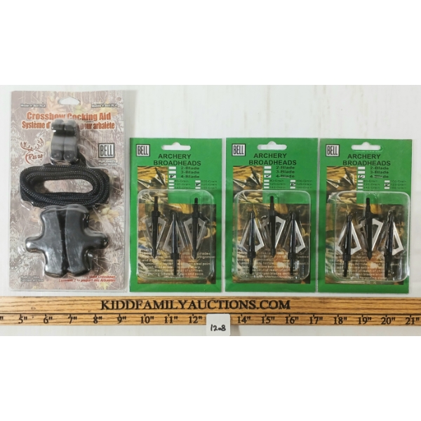 LOT OF 5 - TREBARK CROSSBOW SOFT CASE, BELL ARCHERY BROADHEADS & CROSSBOW COCKING AID - SEE ALL PICS