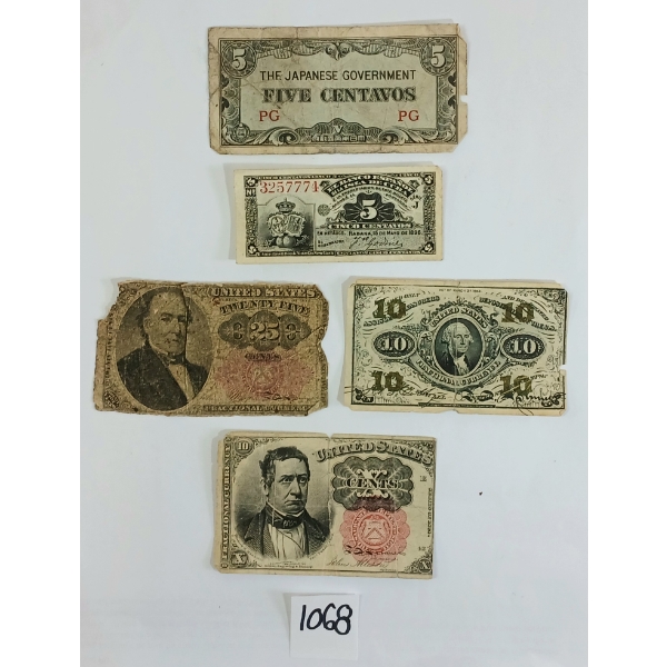 LOT OF 5 - 1842-1896 US, MEXICO & JAPAN SHINPLASTERS - INCL 5, 10 & 25 CENTS