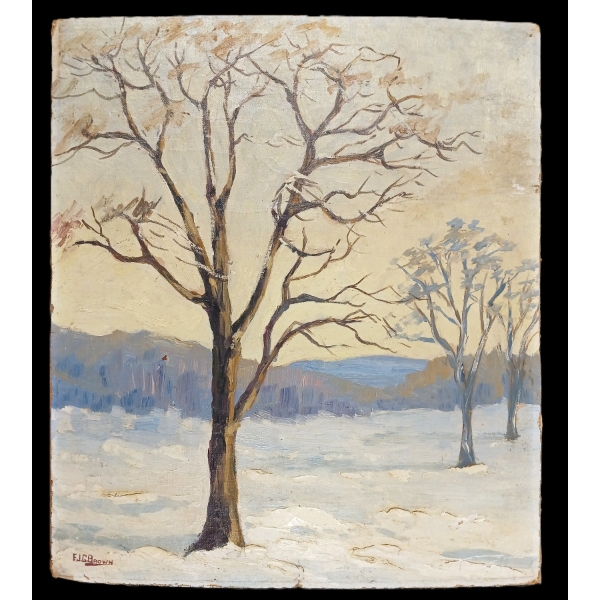 WINTER LANDSCAPE BY F.J.G. BROWN - OIL ON BOARD