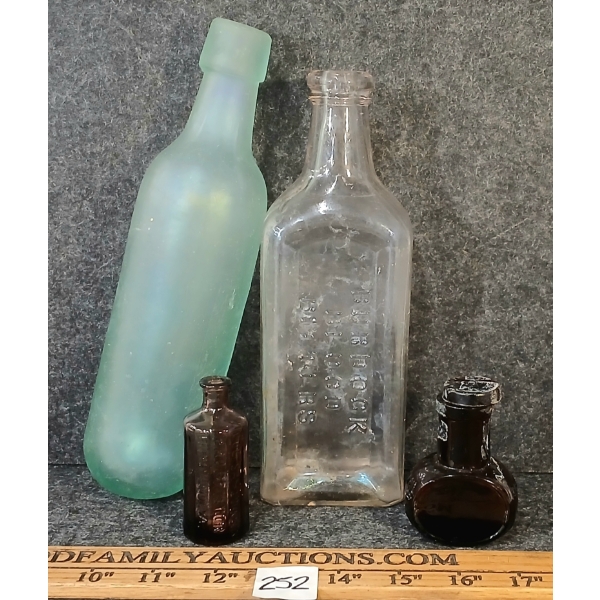 LOT OF 5 - GLASS BOTTLES - L.A. KIRKLAND, ALANCASTERS, BOVRIL LTD., BURDOCK BLOOD BITTERS, ETC
