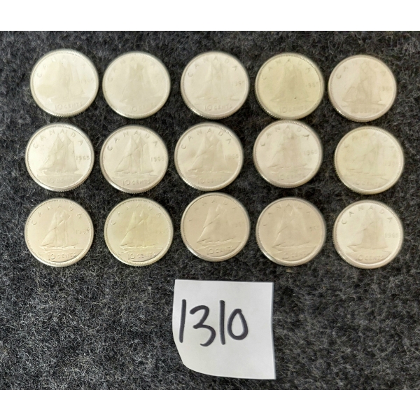 LOT OF 15 - 1965 CDN SILVER DIMES