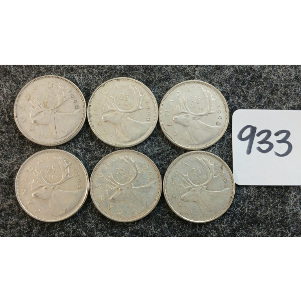 LOT OF 6 - 1968 CDN 25 CENT COINS