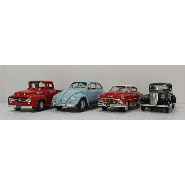 LOT OF 4 - JADA / ROAD TOUGH DIECAST MODELS - '67 VOLKSWAGEN BEETLE, '56 FORD PICK UP, ETC