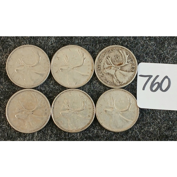 LOT OF 6 - 1958-1966 CDN 25 CENT COINS