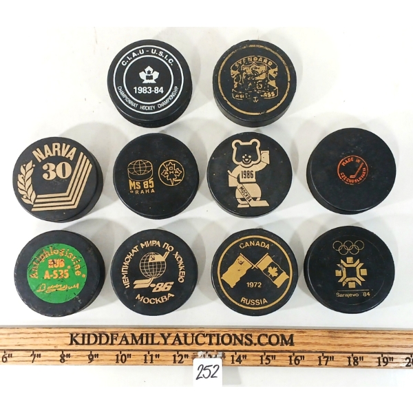LOT OF 10 - HOCKEY PUCKS - CDN, RUSSIAN & CZECHOSLOVAKIA