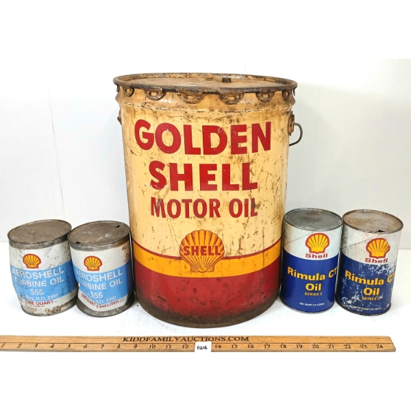 LOT OF 5 - SHELL OIL 5GAL & QT CANS