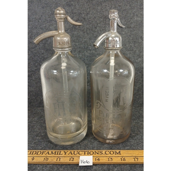 LOT OF 2 - ACID ETCHED SELZTER BOTTLES - INCL H. RECH & PARAMOUNT DISTILLERY