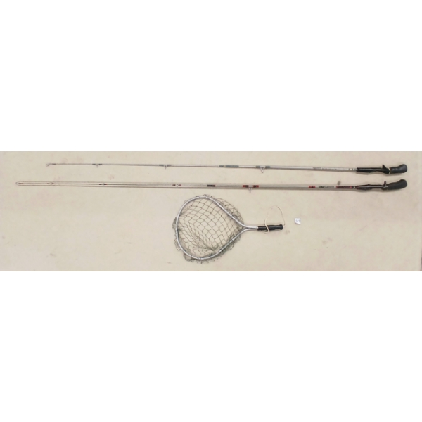 LOT OF 3 - SHAKESPEARE SC13A & DAIWA 54311X FISHING RODS & NET