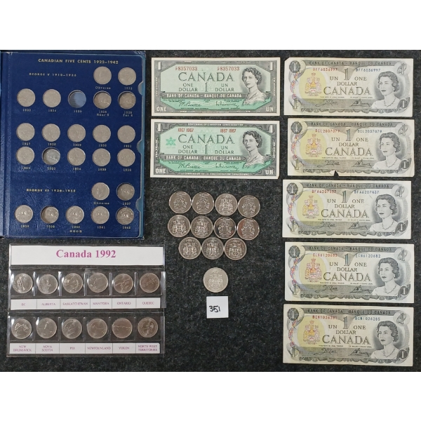 QTY OF CDN COINS & BANKNOTES - INCL 1964 SILVER 50 CENT COIN