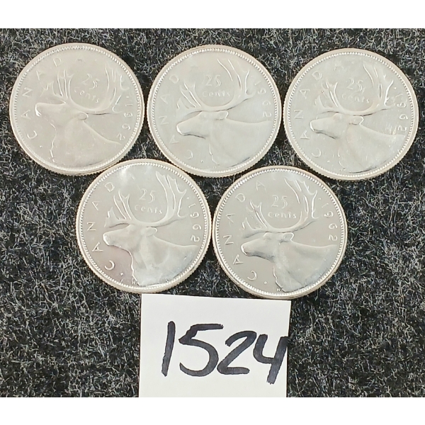 LOT OF 5 - 1962 CDN 25 CENT SILVER COINS
