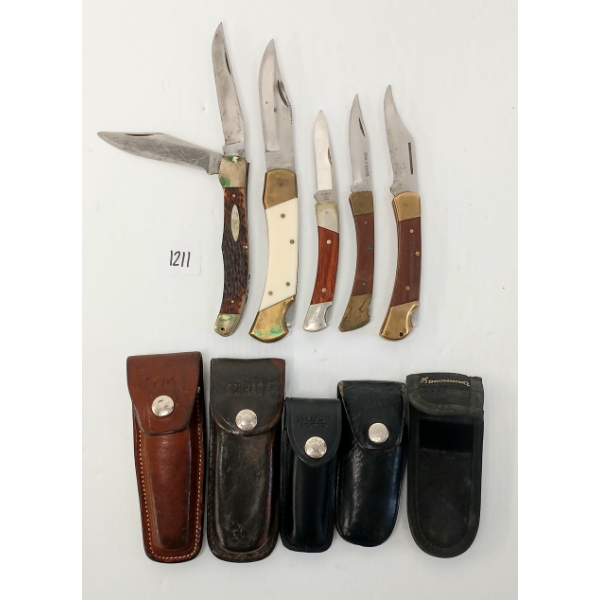 LOT OF 5 - FOLDING KNIVES W/ SHEATHS