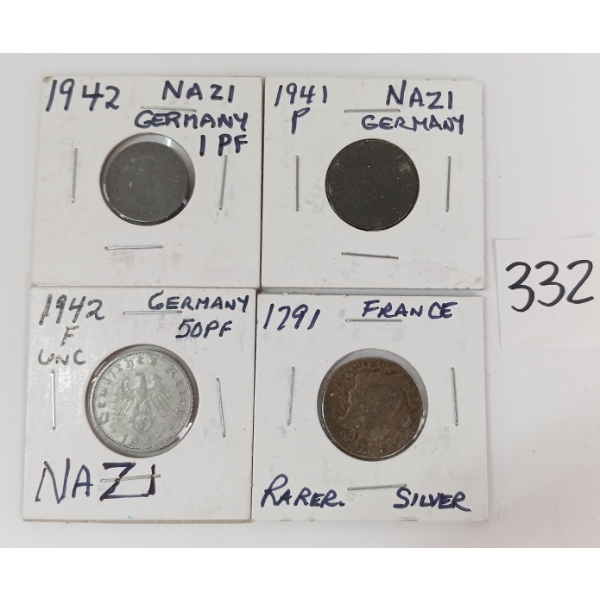 LOT OF 4 - 1791 FRANCE SILVER & WWII GERMAN COINS