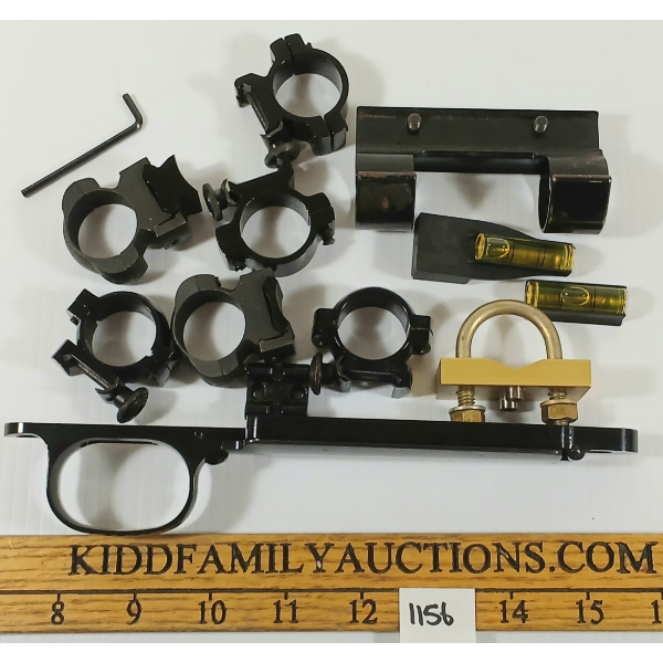 QTY MISC GUN PARTS - INCL BARREL SIGHT DRILL, SCOPE RINGS & TRIGGER GUARD