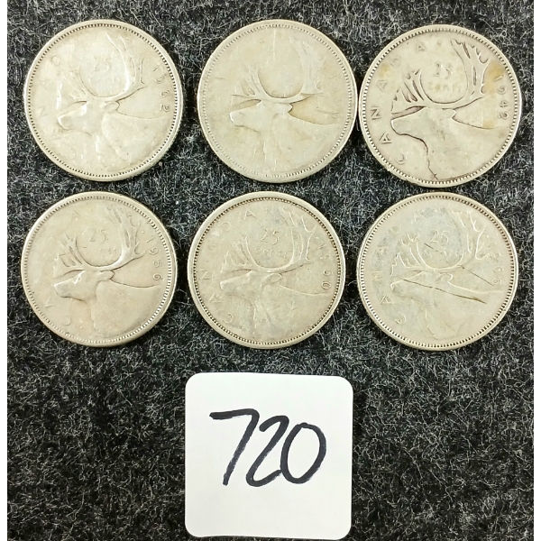 LOT OF 6 - 1942-1965 CDN 25 CENT COINS