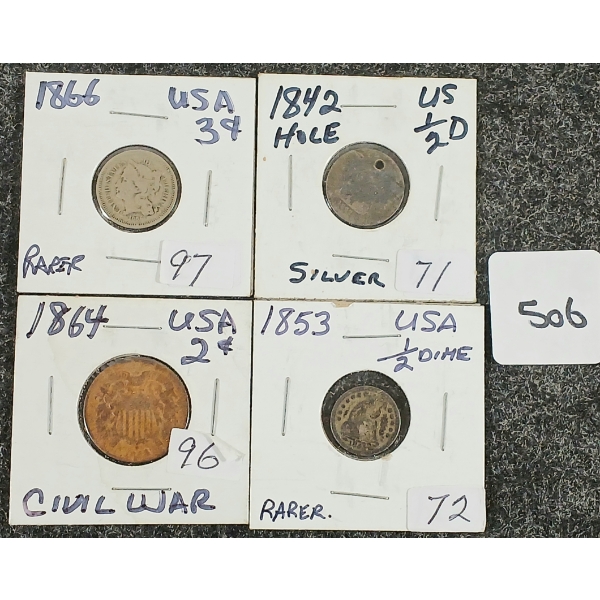 LOT OF 4 - 1842-1866 US HALF DIME, 2 & 3 CENT COINS - INCL CIVIL WAR
