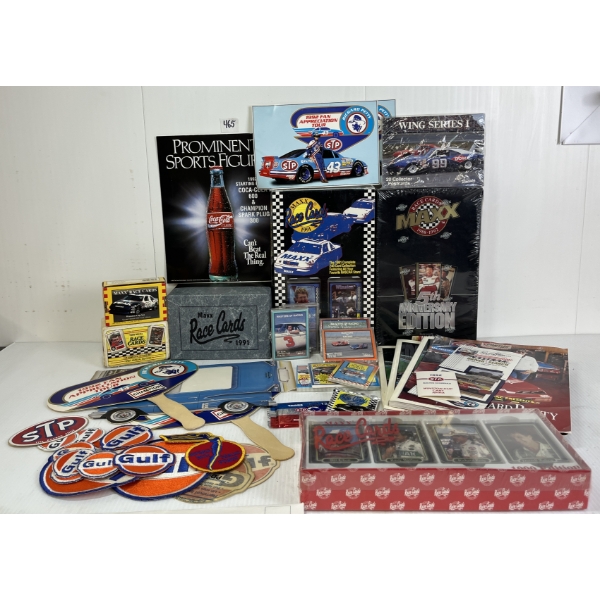 JOB LOT - RACE CAR COLLECTIBLES - INCL CARDS, MAGAZINES, PATCHES, STICKERS, ETC