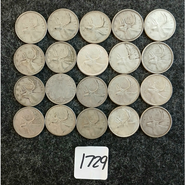 LOT OF 20 - 1917-1968 CDN 25 CENT COINS