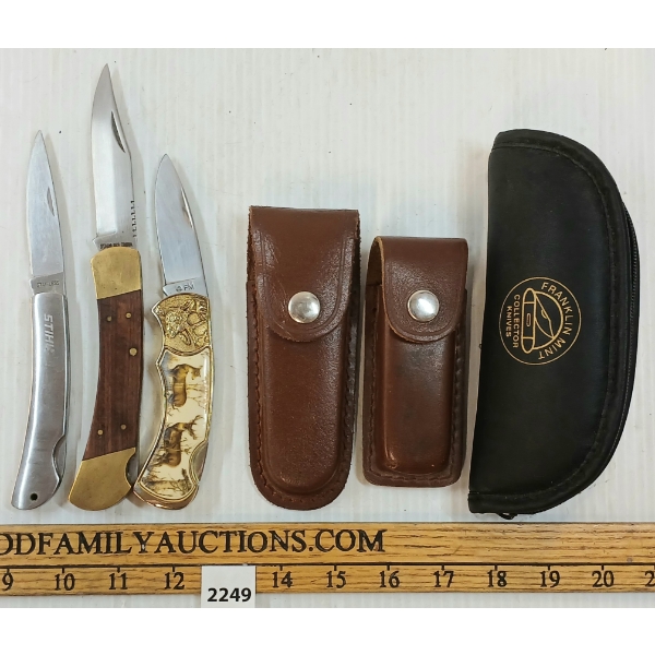 LOT OF 3 - FRANKLIN MINT DEER FOLDING KNIFE, STIHL & MISC FOLDING KNIVES W/ CASES