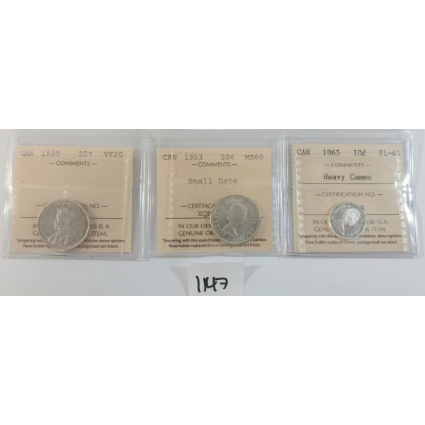 LOT OF 3 - 1935, 1953 & 1965 CDN 10 & 25 CENT SILVER COINS - ICCS GRADED