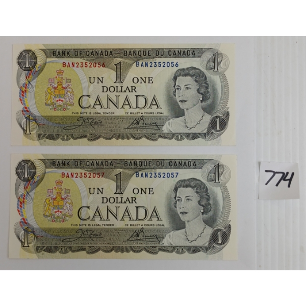 LOT OF 2 - 1973 CDN $1 BANKNOTES - SEQUENTIAL