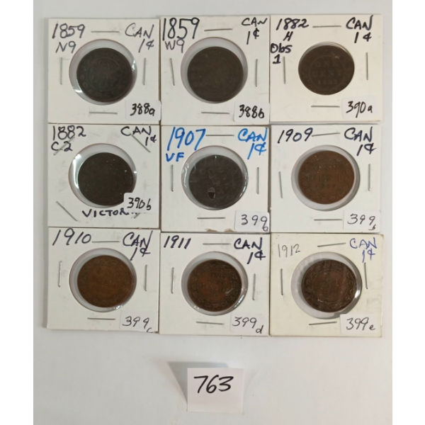 LOT OF 9 - 1859-1912 CDN LARGE CENTS