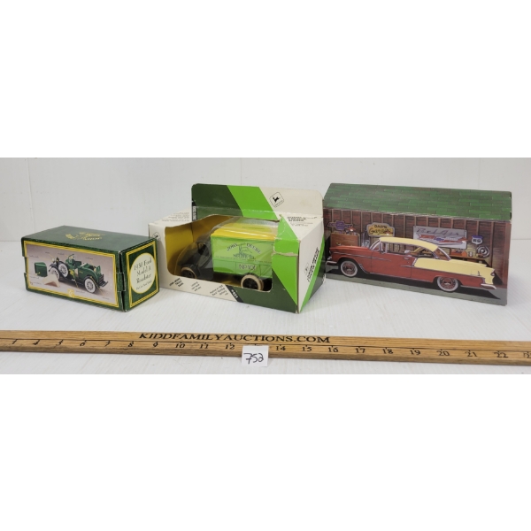 LOT OF 3 - ERTL & WIX DIECAST MODELS - INCL JOHN DEERE COIN BANK & 1930 FORD MODEL A ROADSTER