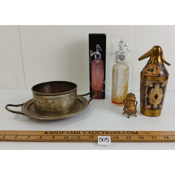 LOT OF 4 - BRASS SELTZER BOTTLE & SALTSHAKER, AVON OLAND AFTER SHAVE & SIPHON BOTTLE HOLDER