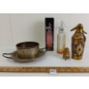Image 1 : LOT OF 4 - BRASS SELTZER BOTTLE & SALTSHAKER, AVON OLAND AFTER SHAVE & SIPHON BOTTLE HOLDER