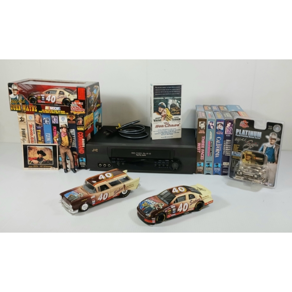 COLLECTION OF JOHN WAYNE MEMORABILIA - INCL DIECAST RACECAR MODELS, VCR, VHS TAPES, ETC