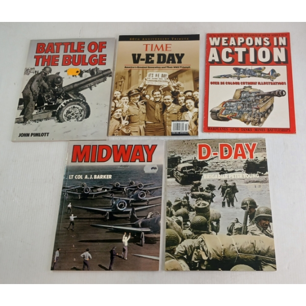 LOT OF 5 - PUBLICATIONS - INCL "MIDWAY", "BATTLE OF THE BULGE", "D-DAY", ETC