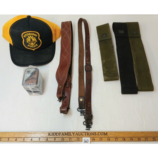 JOB LOT - U.S. EAGLE WEB GEAR, LEATHER SLINGS, U.S. 82ND SUSTAINMENT BRIGADE PATCHES & POLICE CAP