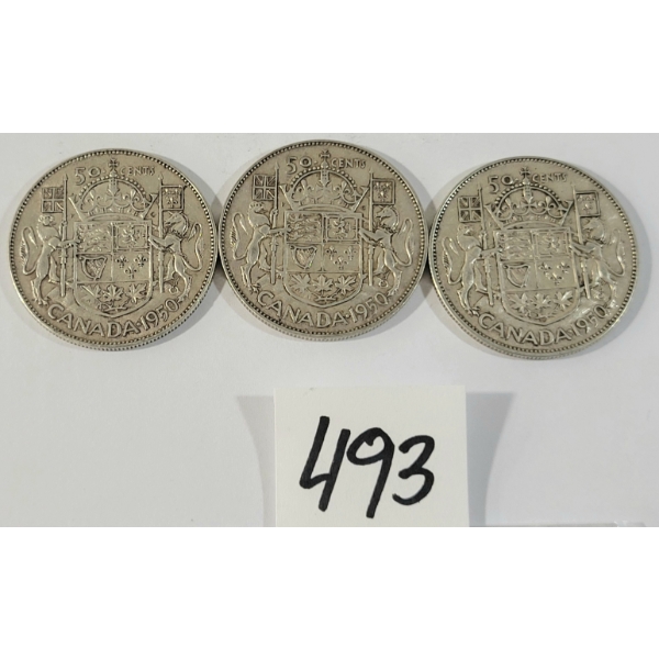 LOT OF 3 - 1950 CDN 50 CENT SILVER COINS