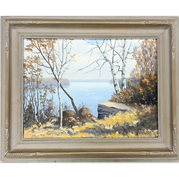 FOREST LAKE SCENE BY F.W. BUTSON - FRAMED OIL ON BOARD