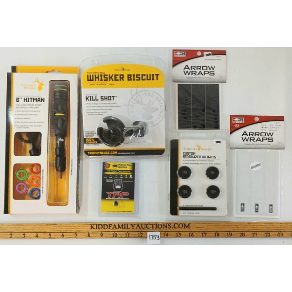 LOT OF 6 - ARCHERY ACCESSORIES - 6IN HITMAN STABILIZER, STABILIZER WEIGHTS, WHISKER BISCUIT, ETC