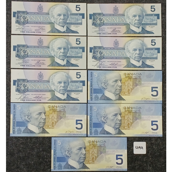 LOT OF 9 - 1986-2002 CDN $5 BANKNOTES - INCL CONSECUTIVE & UNCIRCULATED