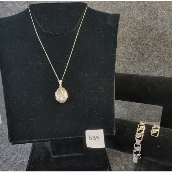 LOT OF 2 - STERLING SILVER PHOTO LOCKET NECKLACE & JOHN L. DENMARK FLORAL BRACELET W/ LINK