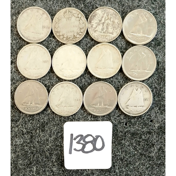LOT OF 12 - 1933-1969 CDN 10 CENT COINS