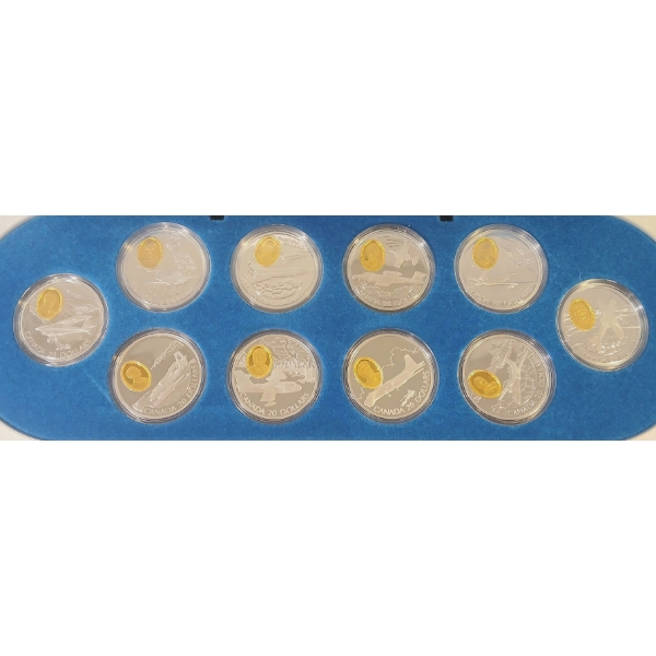 1995 WWII CDN $20 SILVER COIN SET - INCL THE FLEET 80 CANUCK, CF-105 ARROW, ETC