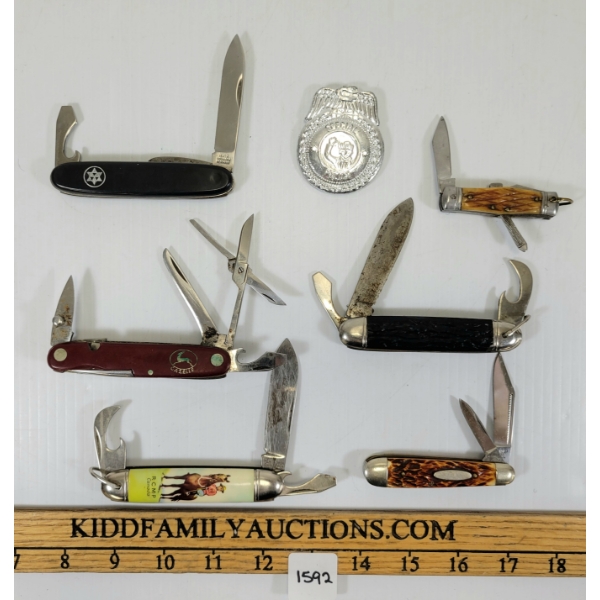 LOT OF 7 - FOLDING KNIVES & SPECIAL POLICE CLIP-ON BADGE - INCL RICHARDS SHEFFIELD RCMP