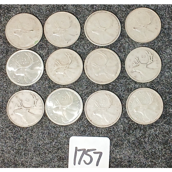 LOT OF 12 - 1941-1968 CDN 25 CENT COINS