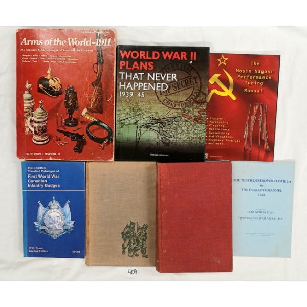 LOT OF 7 - MILITARIA BOOKS - "WWII PLANS THAT NEVER HAPPENED", "UP FRONT", "ARMS OF THE WORLD", ETC