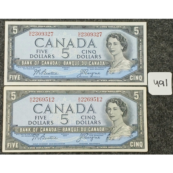 LOT OF 2 - 1954 CDN $5 BANKNOTES - UNCIRCULATED & REPLACEMENT
