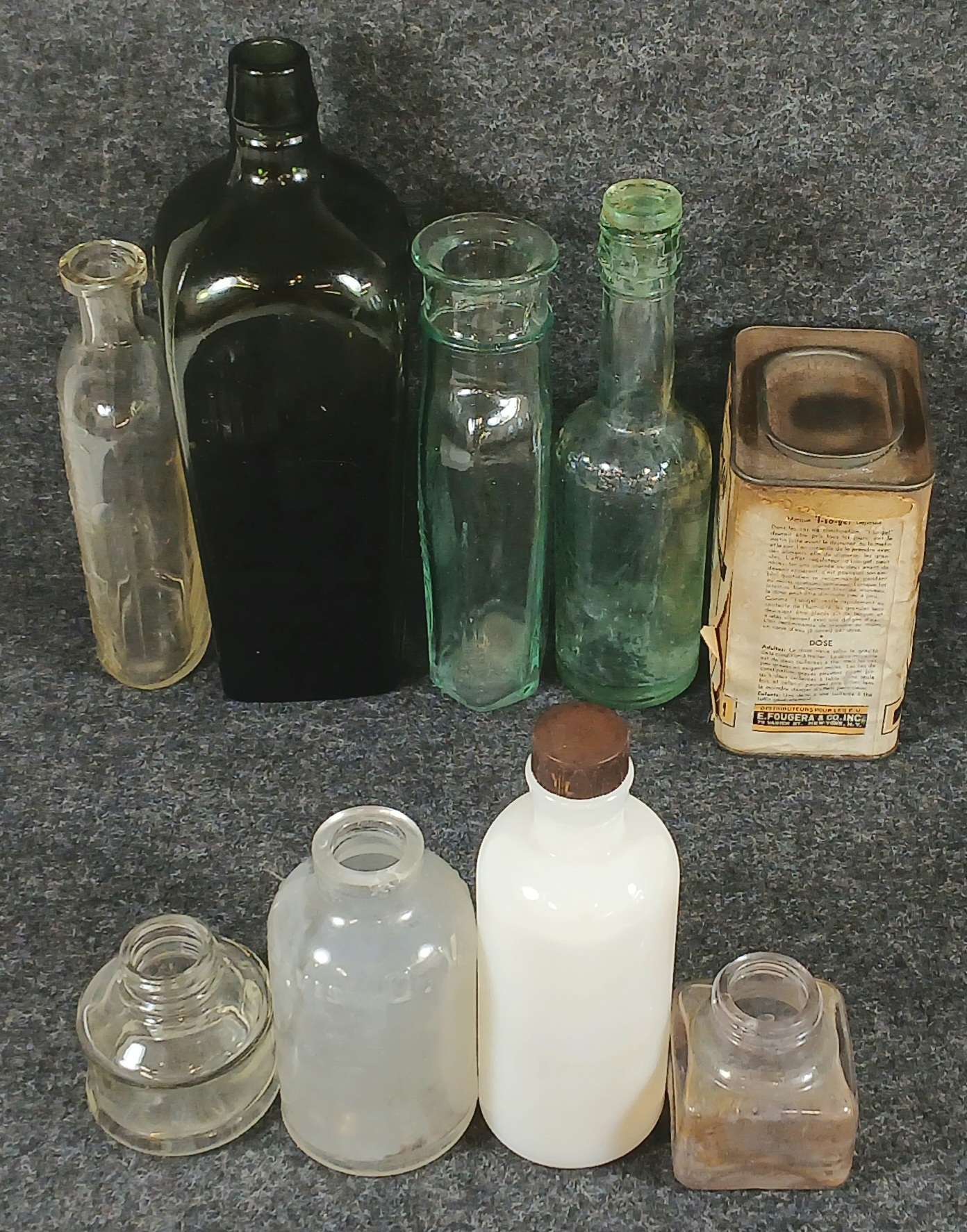 LOT OF 9 - EMBOSSED APOTHECARY BOTTLES, INKWELL & TIN - INCL BAKING ...