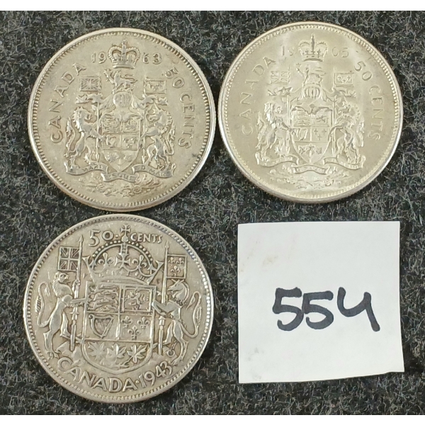 LOT OF 3 - 1943-1965 CDN SILVER HALF DOLLARS