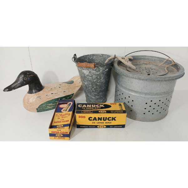 LOT OF 5 - VINTAGE DECOY DUCK, COLLECTIBLE CIL AMMO BOXES, VINTAGE FISH TRAP & PALE