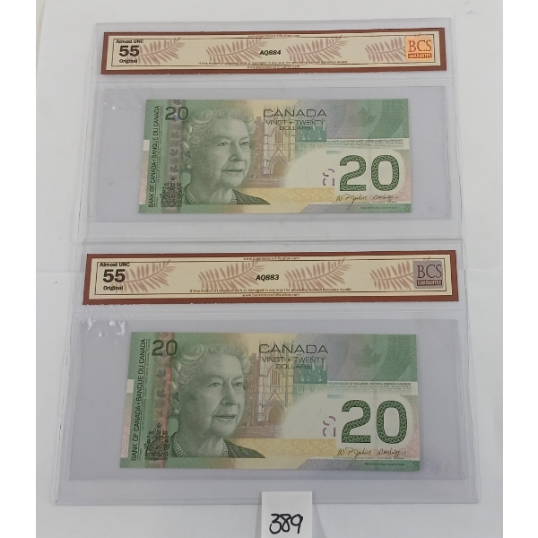 LOT OF 2 - 2006 CDN $20 BANKNOTES - BCS GRADED & SEQUENTIAL